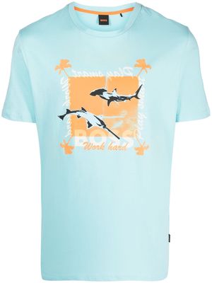 BOSS shark-print cotton T-shirt - Blue