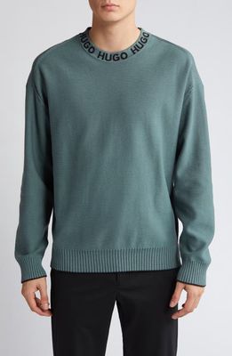 BOSS Smarlo Oversize Logo Collar Crewneck Sweater in Dark Green