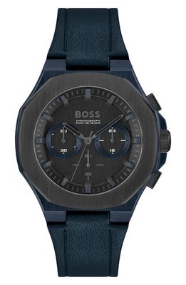 BOSS Taper Chronograph Leather Strap Watch in Black
