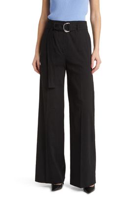 BOSS Tasena Belted Linen Blend Wide Leg Pants in Black