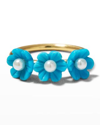 Botanical Yellow Gold Turquoise and Pearl Ring, Size 7