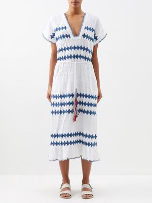 Boteh - Hera Geometric-print Cotton-blend Midi Dress - Womens - White Blue
