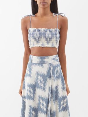 Boteh - Neith Ikat Cotton Shirred Crop Top - Womens - Blue Cream