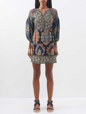 Boteh - Rhea Paisley-print Linen Mini Dress - Womens - Black Multi