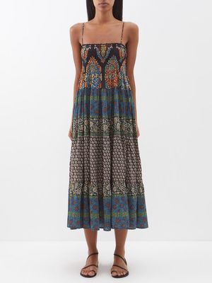 Boteh - Rhea Shirred Printed-cotton Maxi Dress - Womens - Black Multi