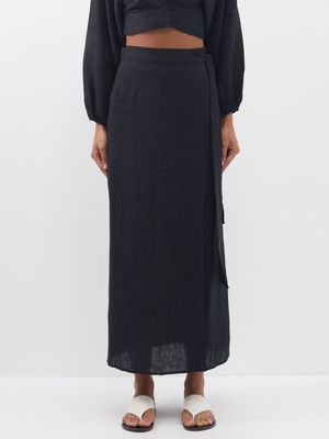 Boteh - Split Linen Wrap Maxi Skirt - Womens - Black