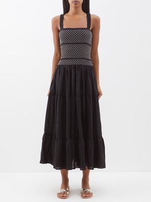 Boteh - Square-neck Shirred Cotton Midi Dress - Womens - Black