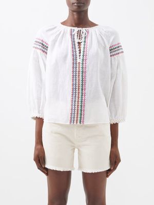 Boteh - Xavi Embroidered Cotton-linen Blouse - Womens - White Multi