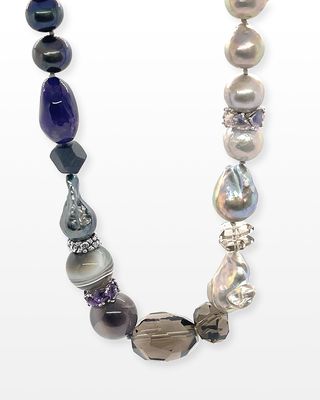 Botswana Agate, Purple Jade, Pearl and Smoky Quartz Necklace