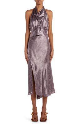 Bottega Veneta Beaded Print Cupro Twill Halter Dress in 5206 Lilac/Midnight