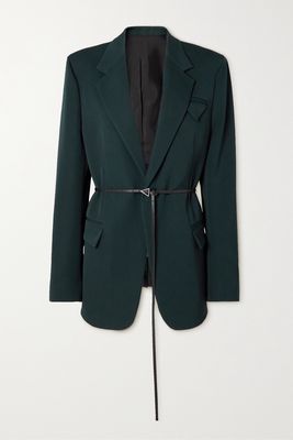 Bottega Veneta - Belted Leather-trimmed Grain De Poudre Wool-blend Blazer - Green