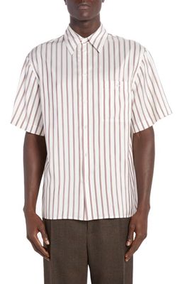 Bottega Veneta Bicolor Stripe Short Sleeve Silk Button-Up Shirt in 9032 White/Brown/Chestnut
