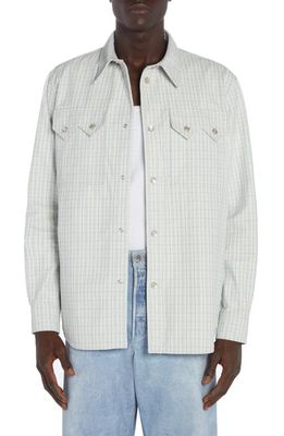 Bottega Veneta Check Print Leather Snap-Up Western Shirt in White/Grey/Mint
