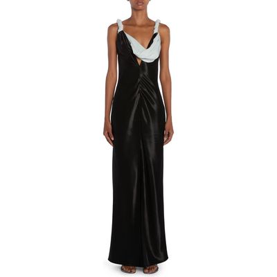 Bottega Veneta Contrast Cowl Bias Cut Hammered Satin Gown in Black/Light Cyan at Nordstrom, Size 10 Us