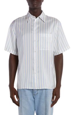 Bottega Veneta Double Stripe Short Sleeve Silk Button-Up Shirt in Off White/Pale Blue