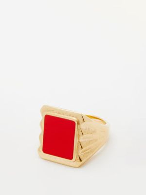 Bottega Veneta - Enamel & Ridged 18kt Gold-vermeil Ring - Mens - Red Orange