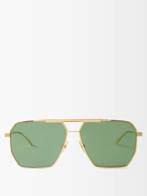 Bottega Veneta Eyewear - Aviator Metal Sunglasses - Womens - Green Gold