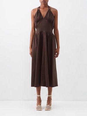 Bottega Veneta - Gathered Cotton-blend Halterneck Dress - Womens - Dark Brown