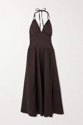 Bottega Veneta - Gathered Stretch-cotton Poplin Halterneck Midi Dress - Brown