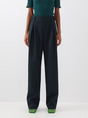 Bottega Veneta - High-rise Pleated Wool-blend Trousers - Womens - Dark Green