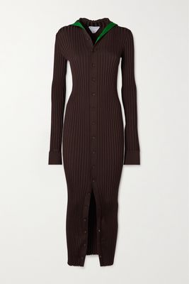 Bottega Veneta - Hooded Two-tone Ribbed Silk Midi Dress - Brown