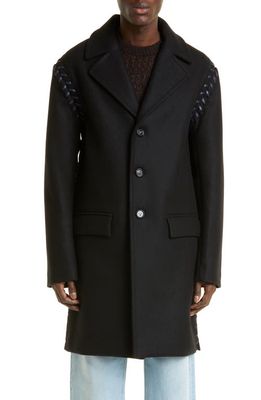 Bottega Veneta Leather Whipstitch Detail Stretch Felted Wool Coat in Black