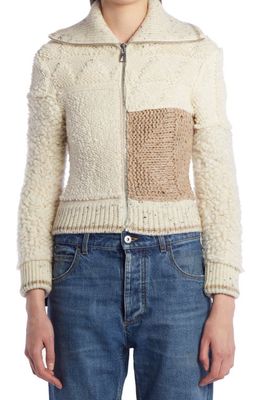 Bottega Veneta Mixed Stitch Zip Front Wool Sweater in Sand Melange Multi