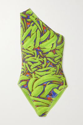 Bottega Veneta - One-shoulder Printed Seersucker Swimsuit - Green