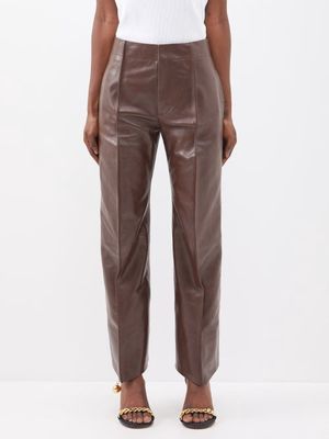 Bottega Veneta - Pintucked-seam Leather Trousers - Womens - Dark Brown