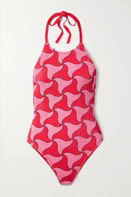 Bottega Veneta - Printed Seersucker Halterneck Swimsuit - Red
