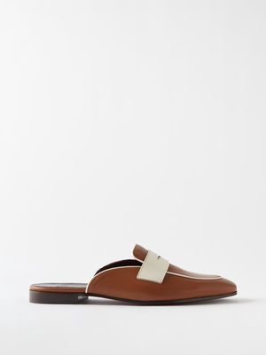 Bougeotte - Backless Leather Penny Loafers - Mens - Brown White
