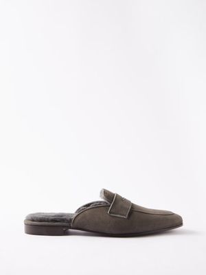Bougeotte - Backless Shearling-lined Suede Penny Loafers - Mens - Grey