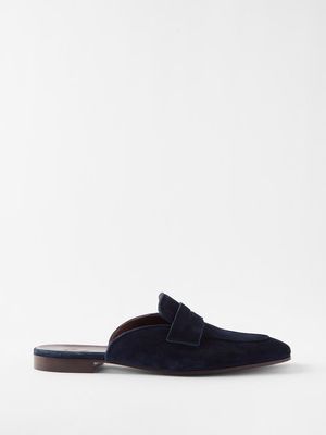 Bougeotte - Backless Suede Penny Loafers - Mens - Dark Navy