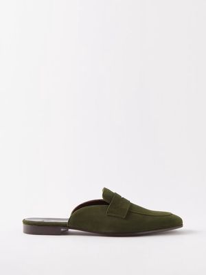 Bougeotte - Backless Suede Penny Loafers - Mens - Olive