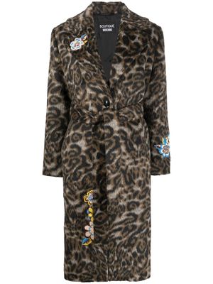 Boutique Moschino floral-appliqué leopard-print coat - Brown