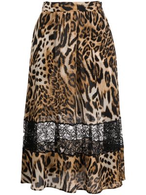 Boutique Moschino lace-panel leopard-print skirt - Brown