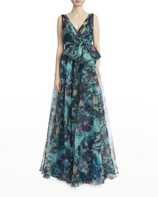 Bow Floral-Print Organza A-Line Gown