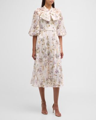 Bow-Front Floral-Print Chiffon Midi Dress