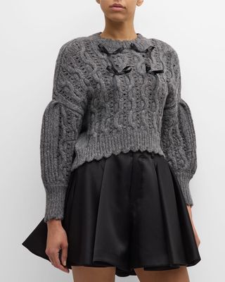 Bow Puff-Sleeve Lace-Stitch Chunky Knit Crop Sweater