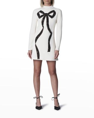 Bow Sequin-Embellished Shift Wool Mini Dress