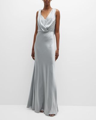 Bow-Shoulder Draped Satin Gown