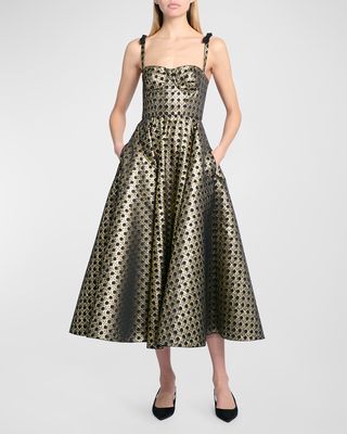 Bow-Shoulder Metallic Lattice Midi Bustier Dress
