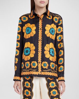 Boy Floral Silk-Twill Button-Front Shirt
