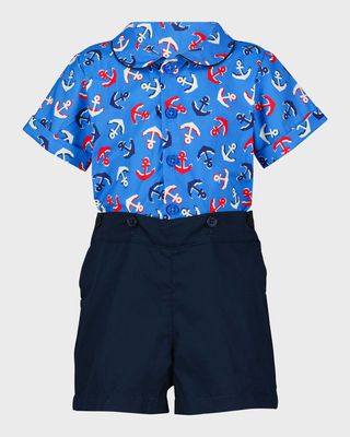Boy's Anchor-Print Shirt and Shorts Set, Size 6M-24M
