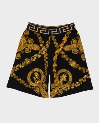 Boy's Barocco-Print Greca Trim Shorts, Size 4-6