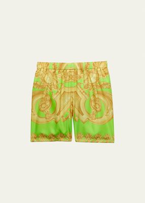 Boy's Barocco-Print Swim Shorts, Size 4-6