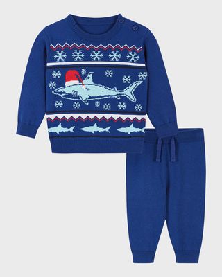 Boy's Blue Holiday Shark Jacquard Sweater Set, Size Newborn-24M