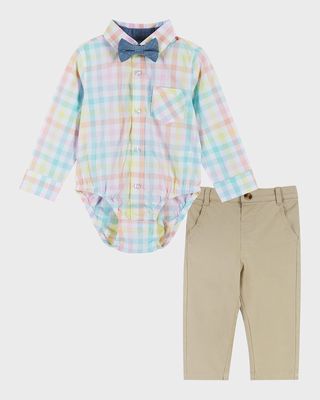 Boy's Button Down Shirt W/ Bow Tie And Trousers Set, Size Newborn-18M