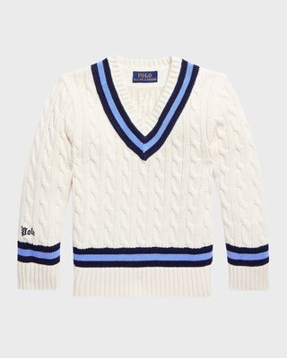 Boy's Cable Knit Striped Trim Sweater, Size 2-4