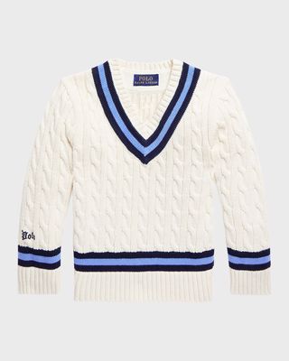Boy's Cable Knit Striped Trim Sweater, Size 5-7